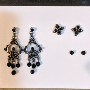 1928 brand black and pewter drop earrings set